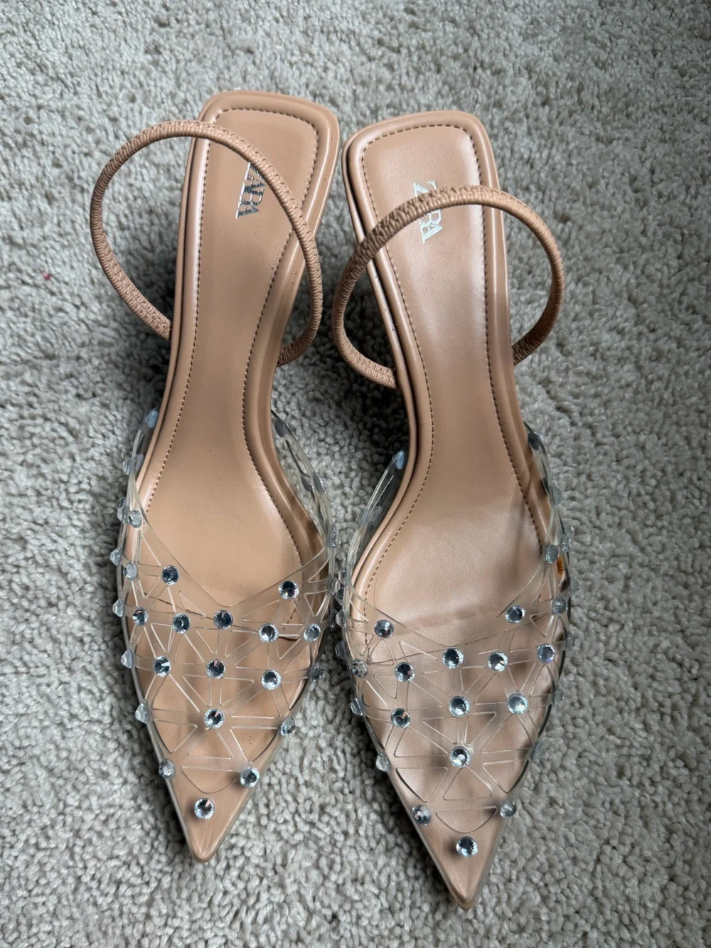 ZARA RHINESTONE HEELED SLINGBACKS BEIGE